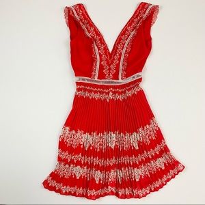 SELF-PORTRAIT Red Orange and White Pleated Floral Mini Dress